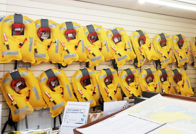 Life Jackets hanging on the wall in Caley Marina